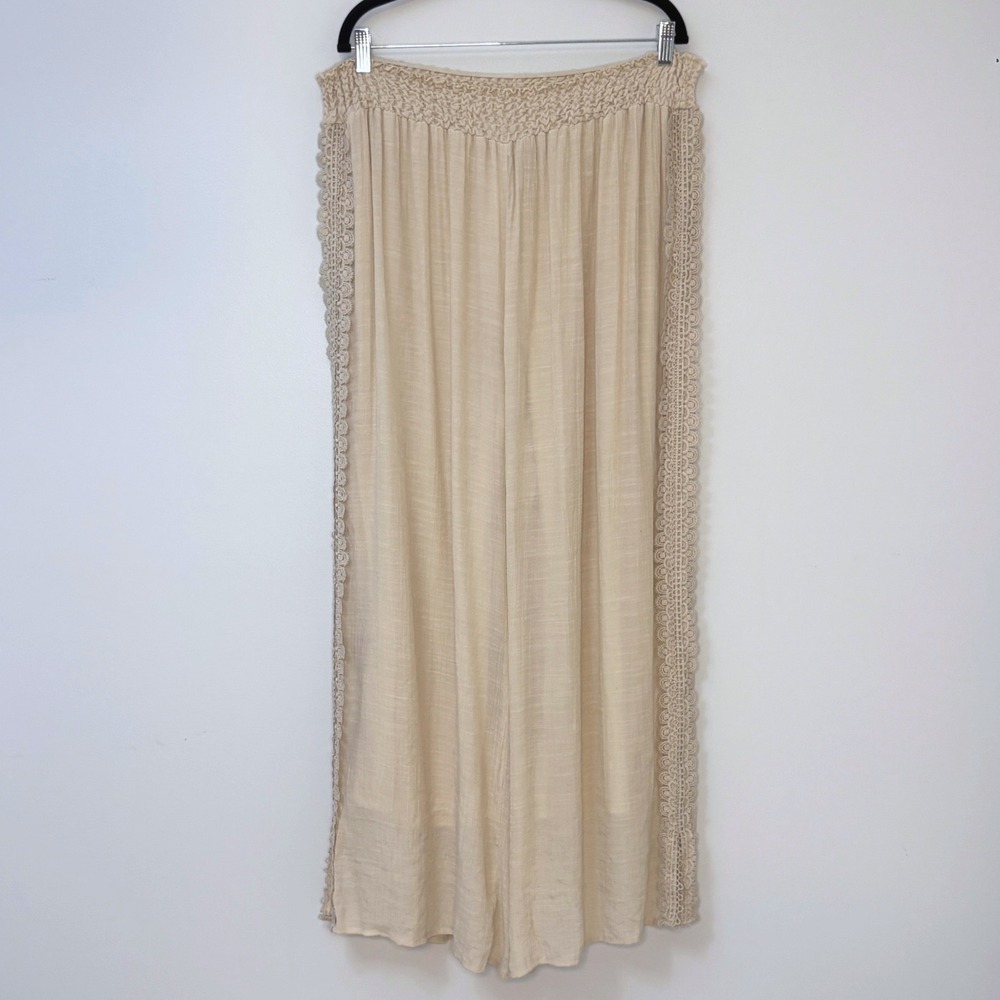 Crochet Trim Wide Leg Boho Pants New Directions XL Smocked Waist